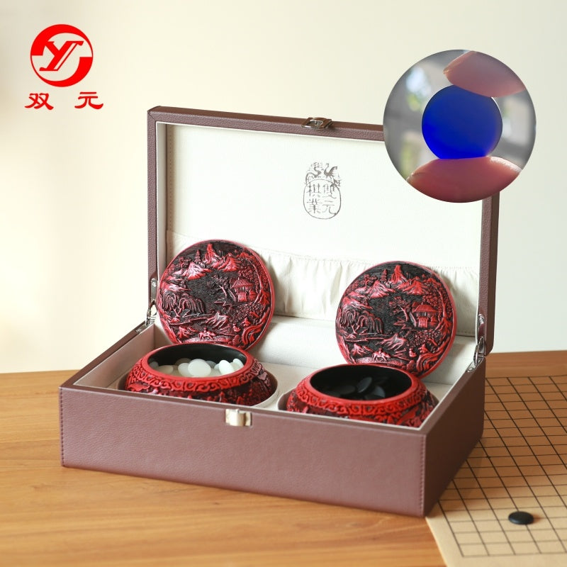 Songyun single convex glass stones, transparent deep sea blue, in lacquer bowls with carved landscapes, with  leather storage box and Imitation leather foldable 19-line board