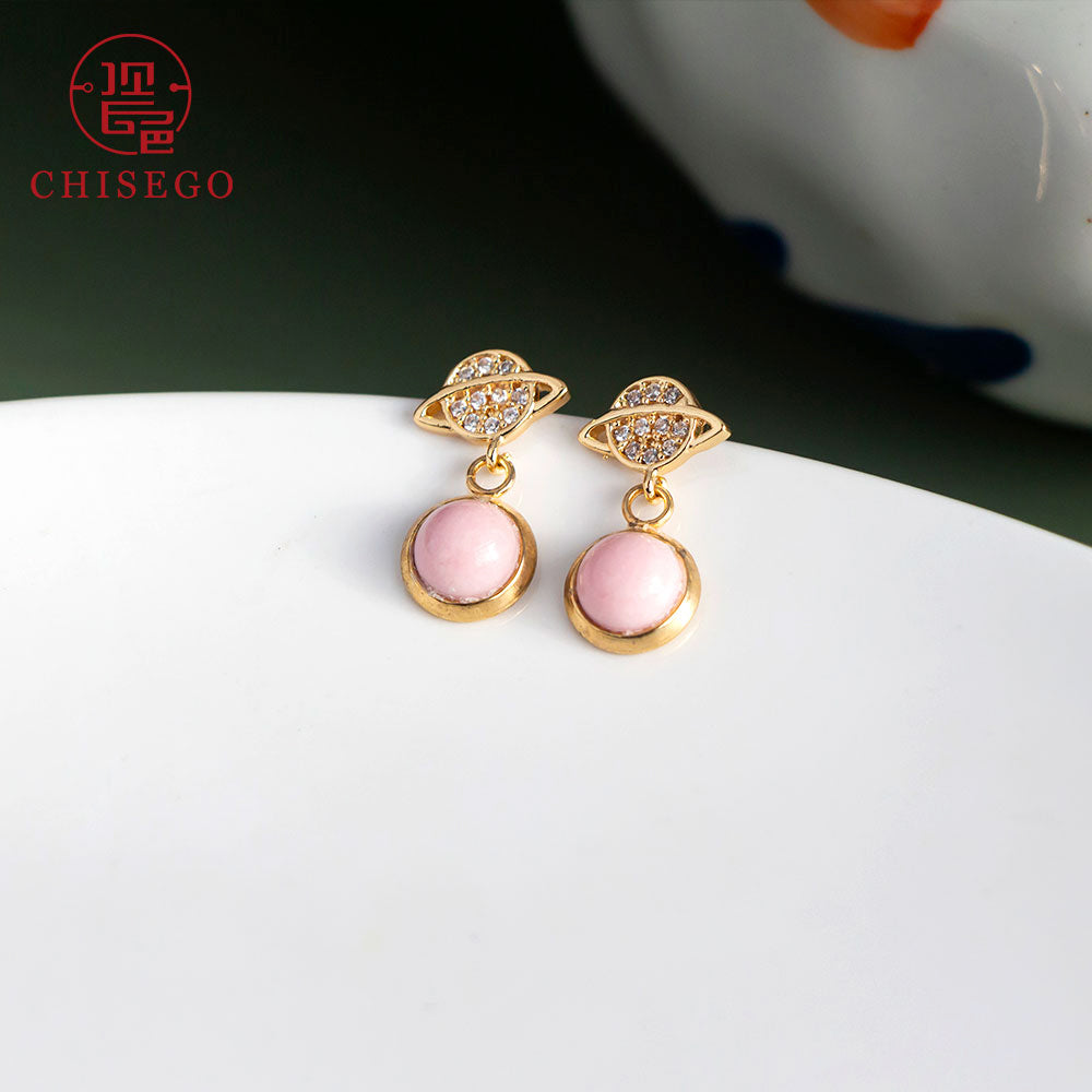 CHISEGO Jewelry Porcelain Planet with Full Diamond Drop Style Earrings Sterling Silver Gold Plated Prevent Allergy Anti-discoloration