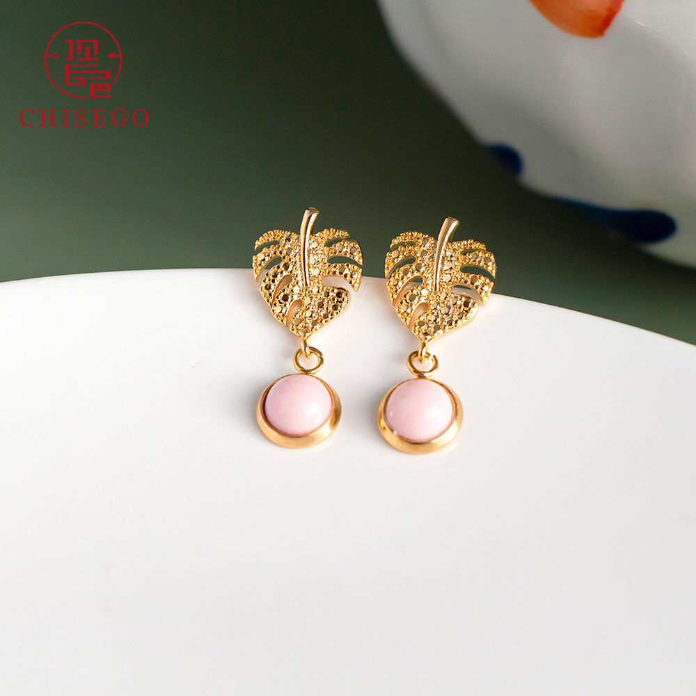 CHISEGO Jewelry Porcelain fresh small leaves Style Earrings Sterling Silver Gold Plated Prevent Allergy Anti-discoloration