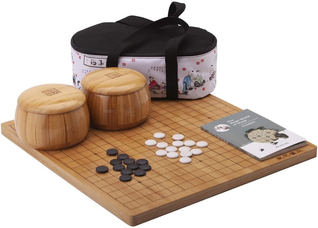 SongYun Go Set with Reversible 19x19 / 13x13 Go Game Set Bamboo Board with 361 Double Convex Glaze Jizi Stones Bamboo Bowl Bundle Bag Weqi Games