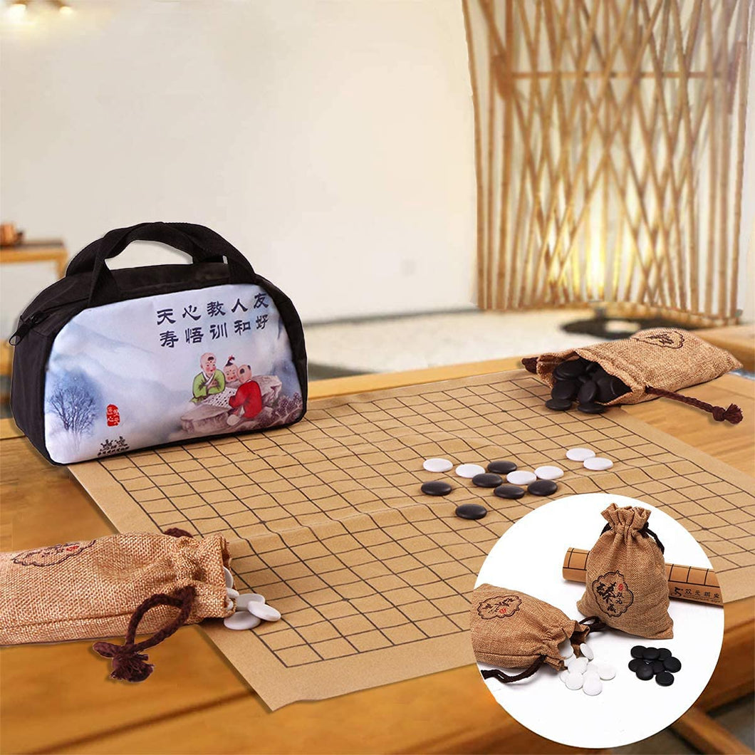 Songyun Go Set with Reversible 19x19 / 13x13 Portable Travel Go Game Set Roll-up and Foldable Artificial Leather Board with 361 Single Convex Ceramic Stones Linen Bundle Pocket Weqi Games